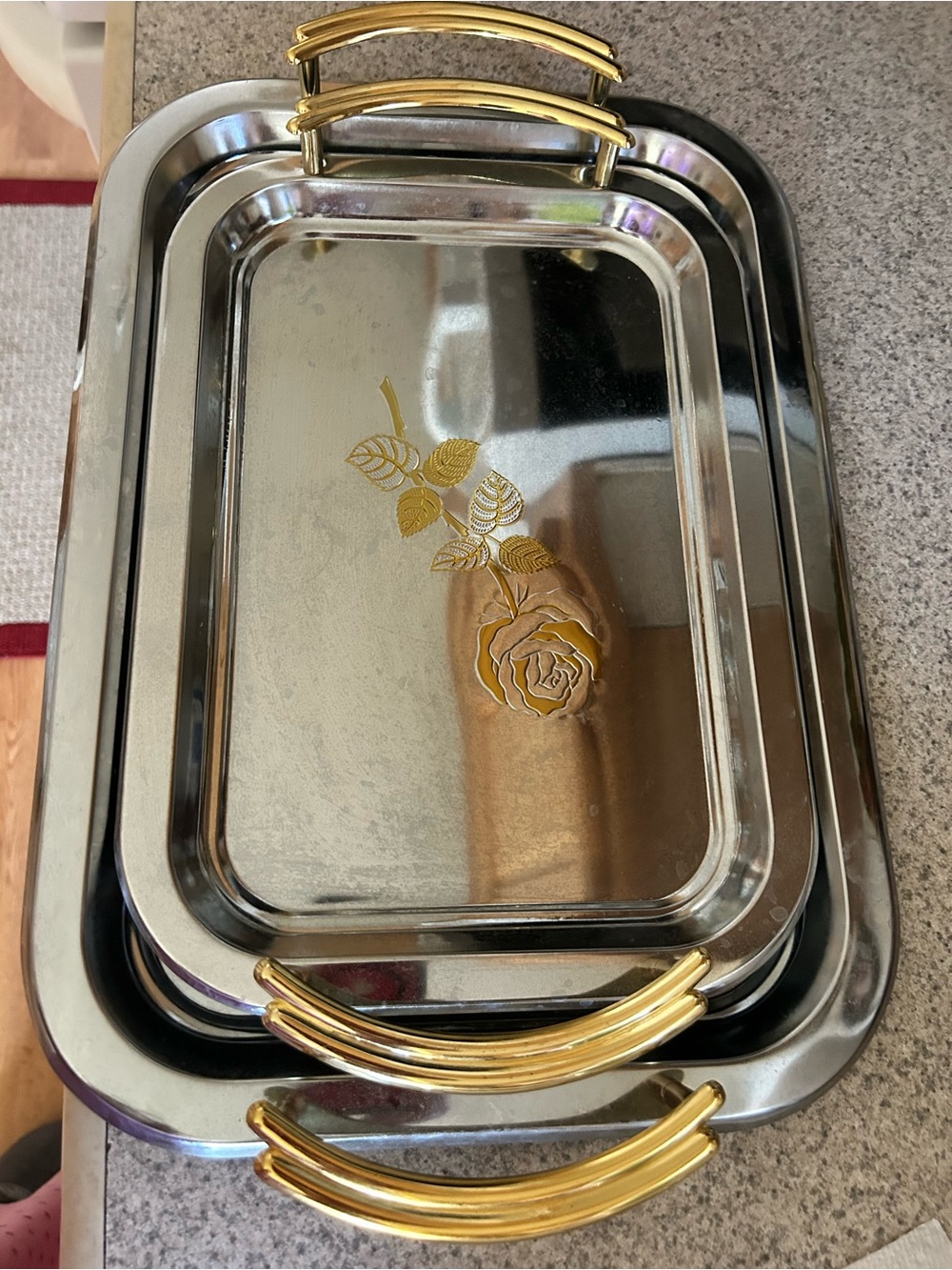 Gold-Handle Stainless Steel Serving Trays with Rose Accent - Set of 2.